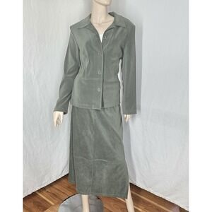 Jaclyn Smith Skirt Suit Womens 12 Green Faux Suede Stretch Jacket Midi Skirt Set